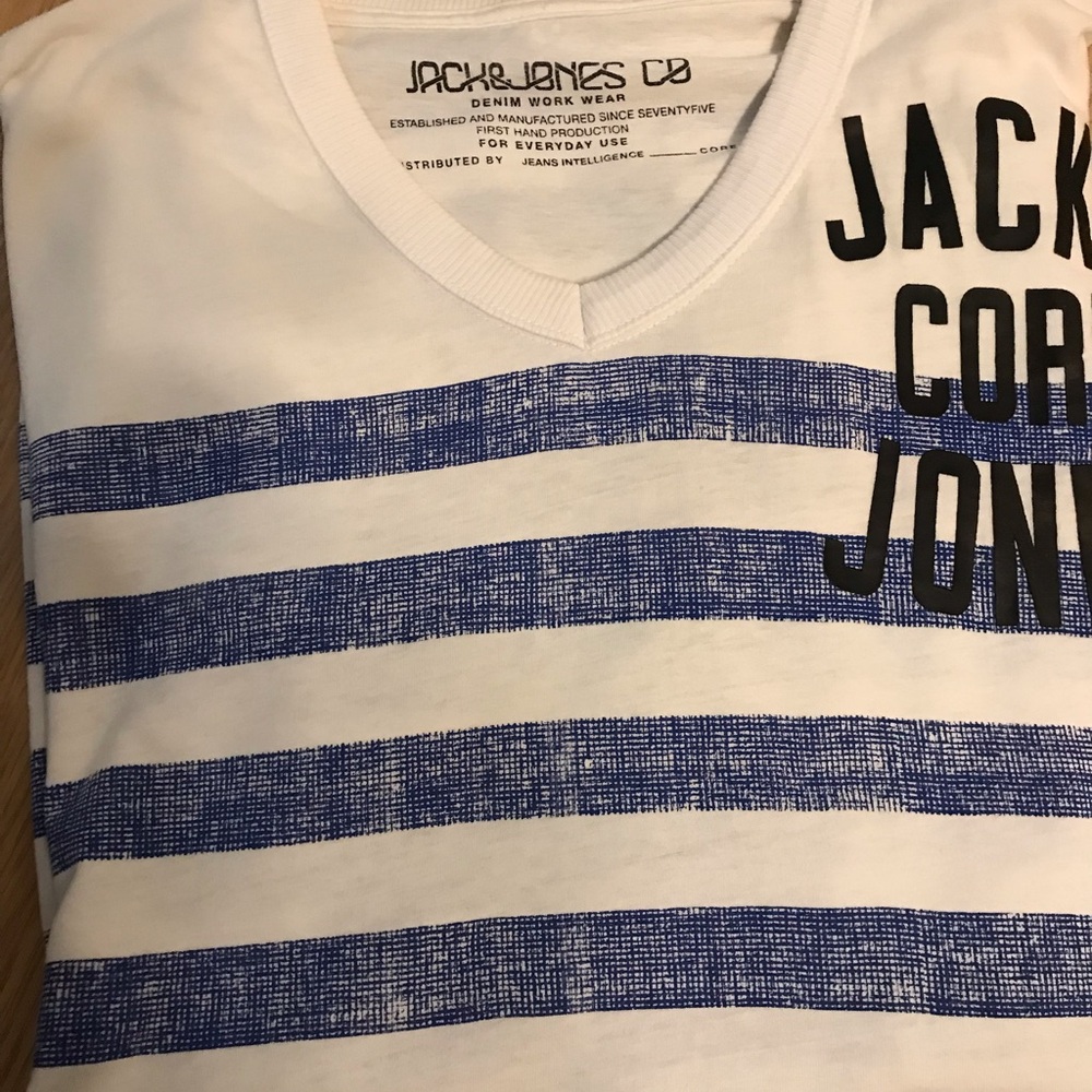 Jack & Jones White Tee with Blue Horizontal Stripes and Logo